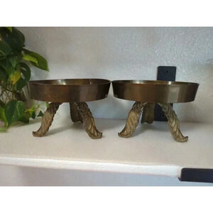 Pair Of Vintage MCM Brutalist Brass Tripod‎ Three Legged Candle Holder India